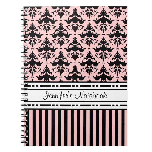 Cuaderno Damasco de París elegante y rayas rosados y negros (Frente)