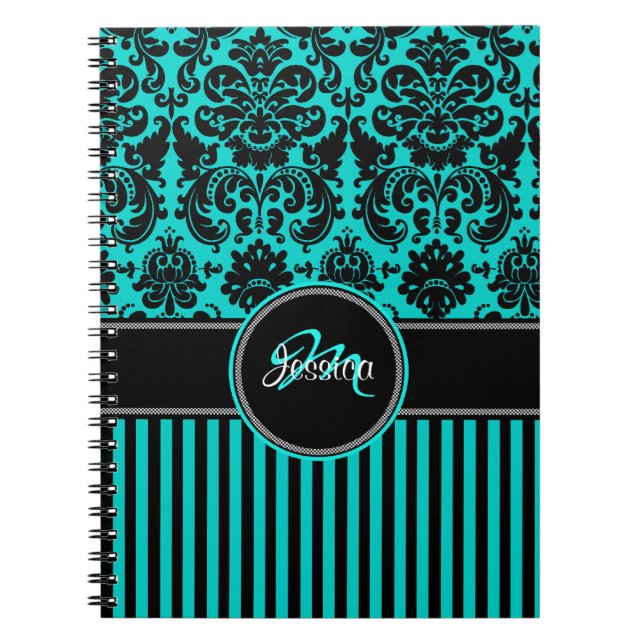 Cuaderno Damasco de rayas blancas negras de Aqua personaliz (Frente)