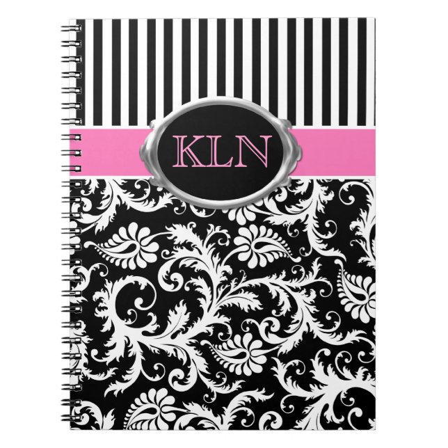 Cuaderno Damasco de rayas blancas rosadas monogramadas (Frente)