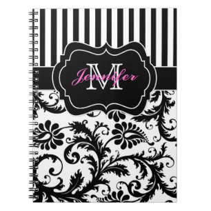 Cuaderno Damasco de rayas blancas rosadas personalizadas