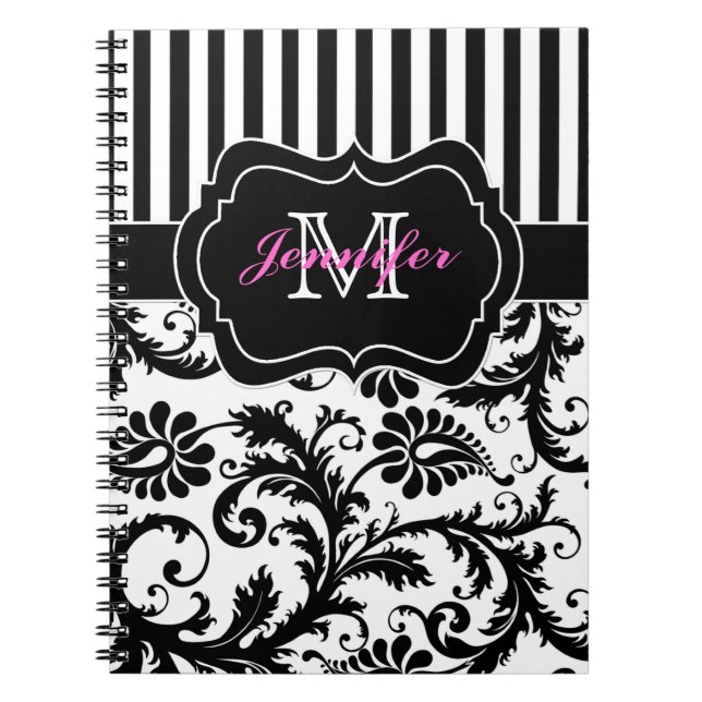 Cuaderno Damasco de rayas blancas rosadas personalizadas (Frente)
