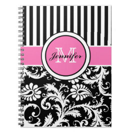 Cuaderno Damasco de rayas blancas rosadas personalizadas