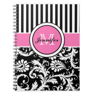 Cuaderno Damasco de rayas blancas rosadas personalizadas