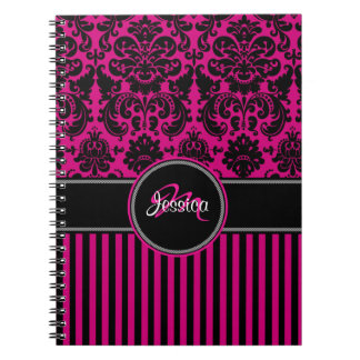 Cuaderno Damasco de rayas blancas rosadas personalizadas