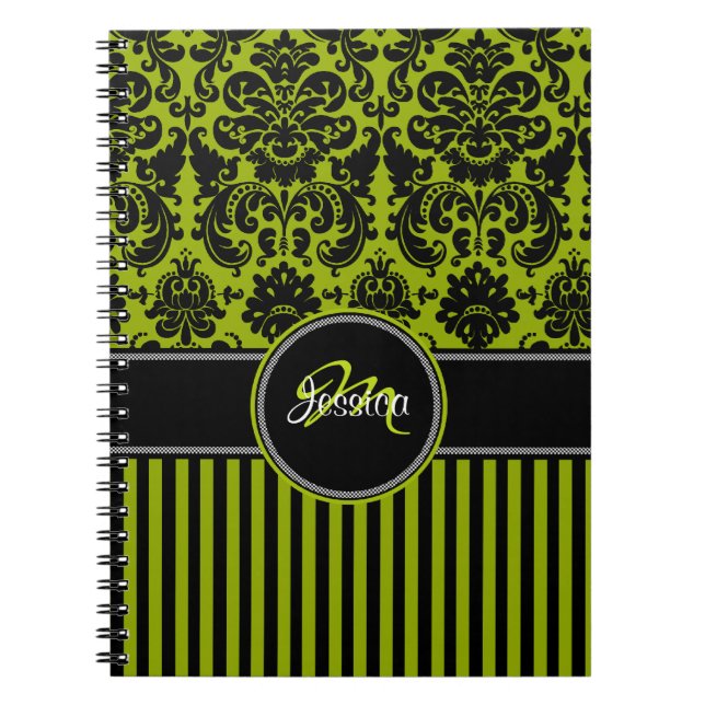Cuaderno Damasco de rayas blancas y negras personalizadas (Frente)