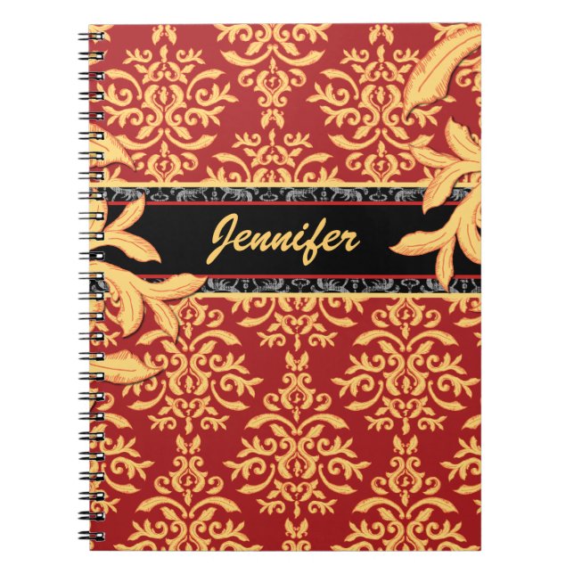Cuaderno Damasco dorado elegante del rojo y del oro (Frente)