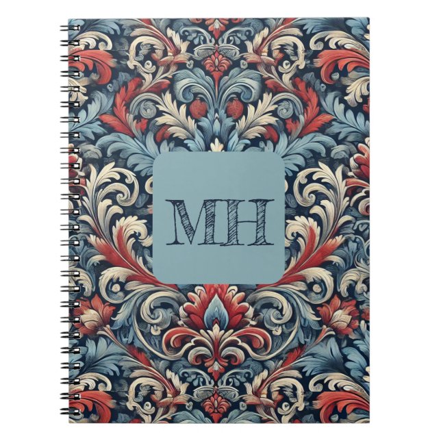 Cuaderno Damasco elegante rojo, blanco y azul con monograma (Frente)