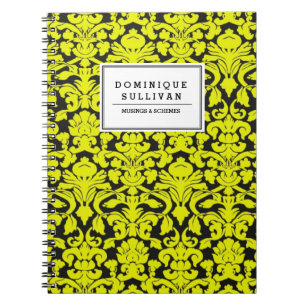 Cuaderno Damasco floral negro y amarillo personalizado