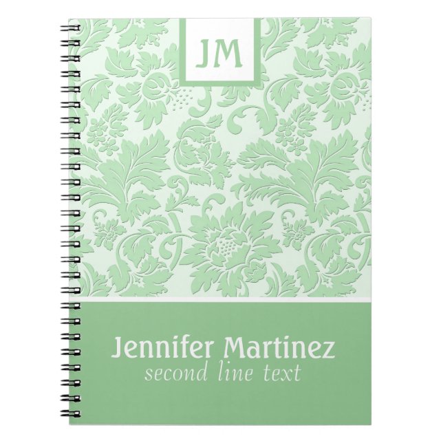 Cuaderno Damasco Monogramado Monocromático Verde Pastel (Frente)