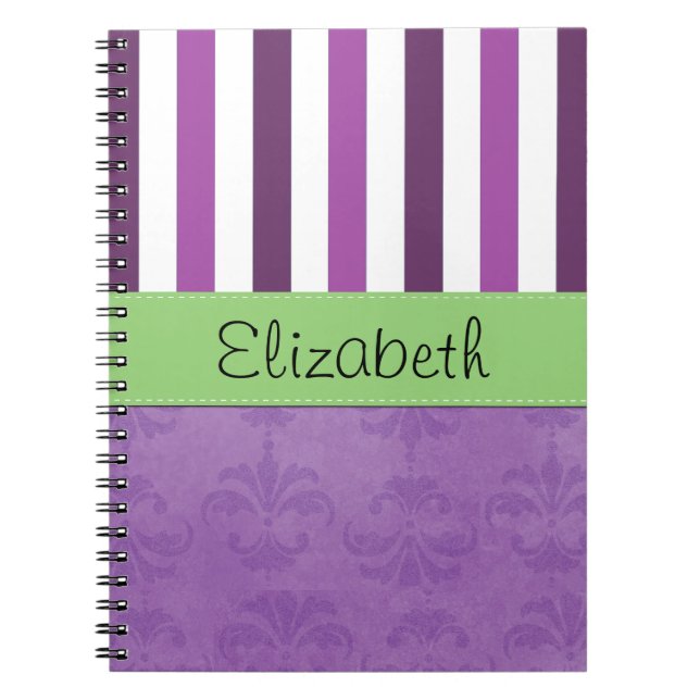 Cuaderno Damasco morado, franjas moradas, rayas, tu nombre (Frente)