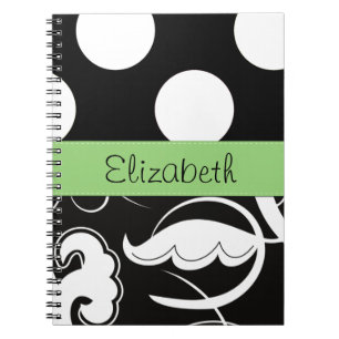 Cuaderno Damasco, puntos de Polka, negro y blanco, tu nombr