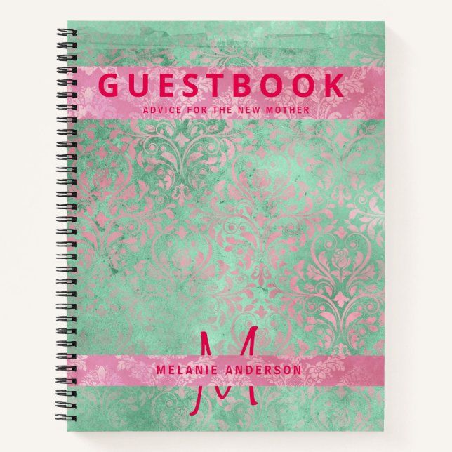Cuaderno Damask Pink Mint Green Baby Shower Guest (Anverso)