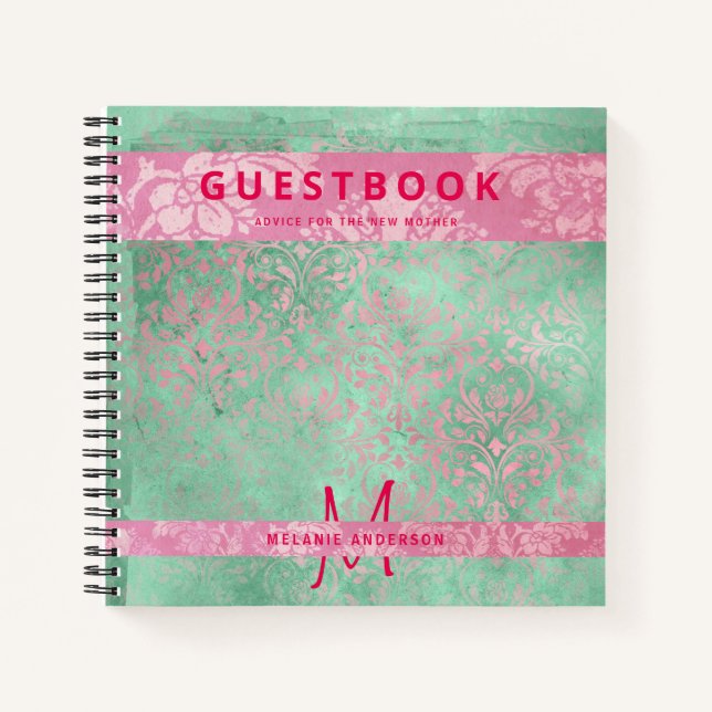 Cuaderno Damask Pink Mint Green Baby Shower Guest (Anverso)