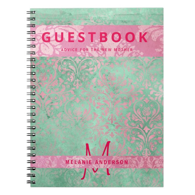 Cuaderno Damask Pink Mint Green Baby Shower Guest (Frente)