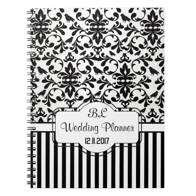 Cuaderno Damask rayas blancas negras Wedner Planner Noteboo (Frente)