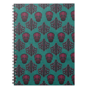 CUADERNO DAMASK SKULL PINK CALIENTE EN VERDE AZULADO