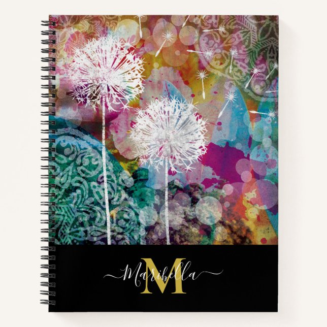 Cuaderno Dandelion Haz un Deseo Personaliza Boho Monograma (Anverso)