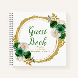 Cuaderno Dark Green and Gold Elegant Flowers Birthday Party