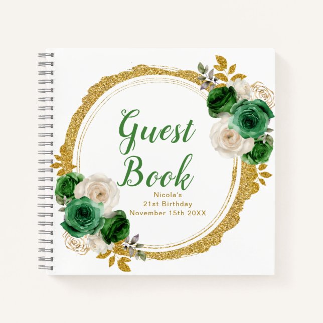 Cuaderno Dark Green and Gold Elegant Flowers Birthday Party (Anverso)