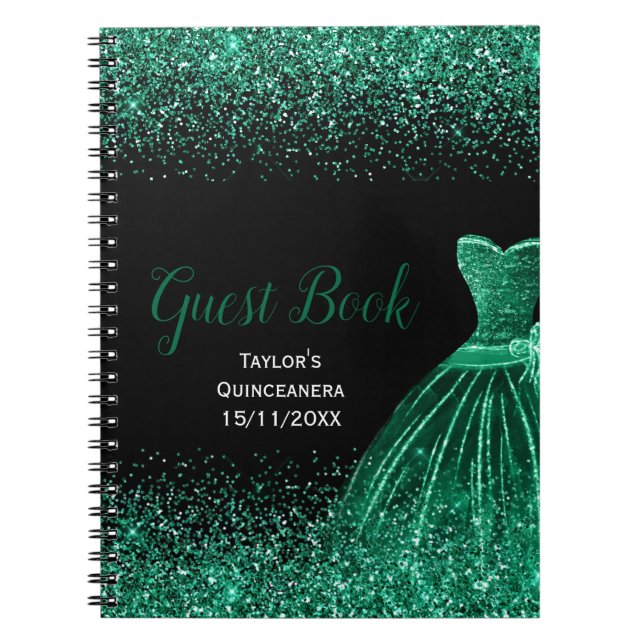 Cuaderno Dark Green Dress Faux Glitter Quinceanera Guest  (Frente)