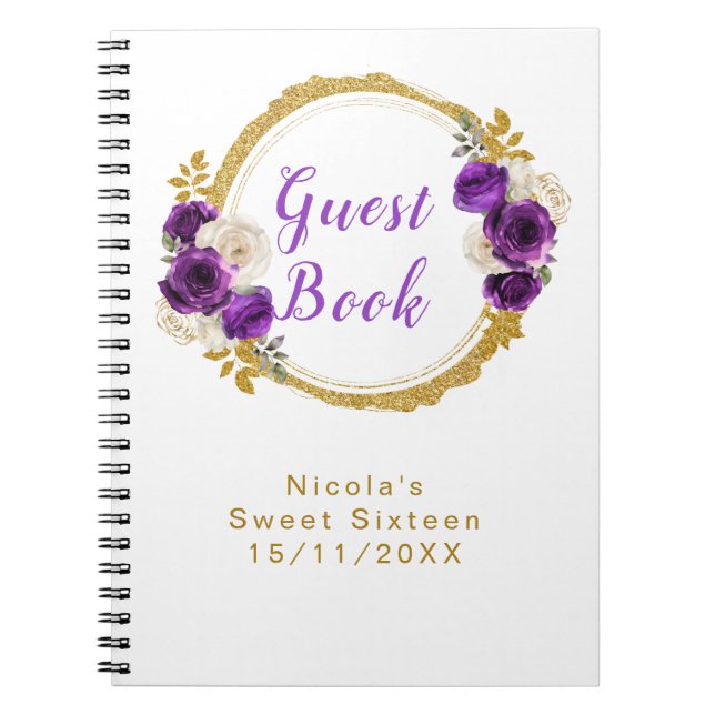 Cuaderno Dark Purple and Gold Elegant Flower Sweet Sixteen (Frente)