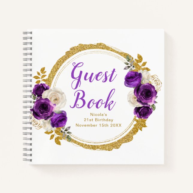 Cuaderno Dark Purple Gold Elegant Flowers Birthday Party (Anverso)
