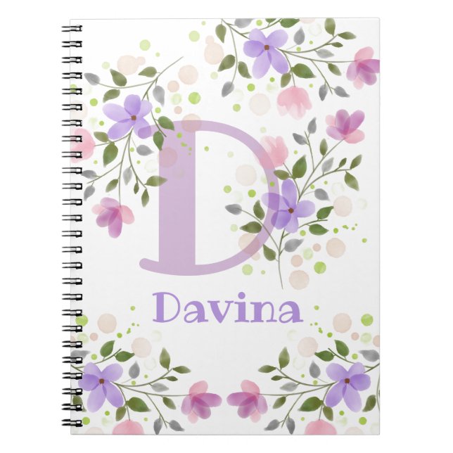 Cuaderno Davina con flores, primer nombre inicial más nombr (Frente)