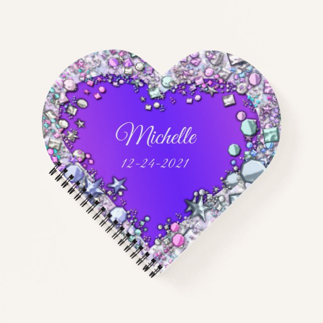 Cuaderno Dazzling Gems NOMBRE PERSONALIZADO Corazón Morado (Anverso)