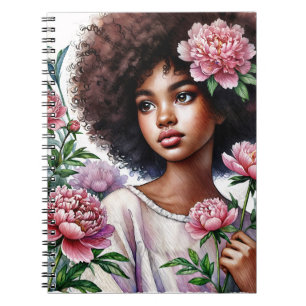 Cuaderno de Acuarela de Niña Afro con Peonías