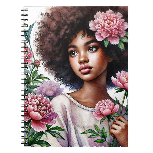 Cuaderno de Acuarela de Niña Afro con Peonías (Frente)