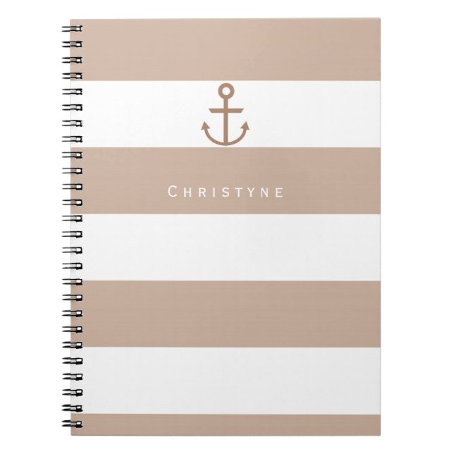 Cuaderno de ancla rayado marrón taupe y blanco (Frente)