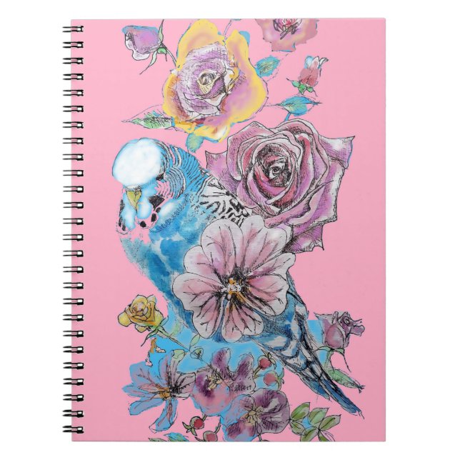 Cuaderno de aves rosadas acuarela rosa Budgie azul (Frente)