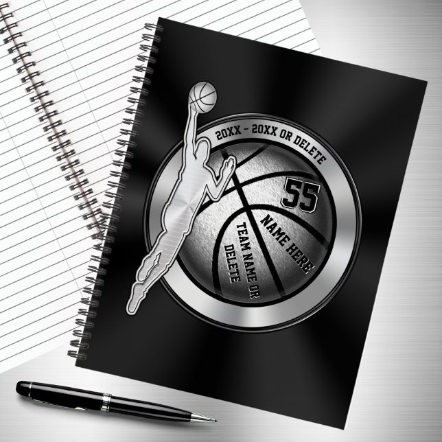 Cuaderno de básquetbol personalizado para chicos (Personalized, basketball notebook. Black and Silver, basketball team gifts, Basketball gift ideas.)
