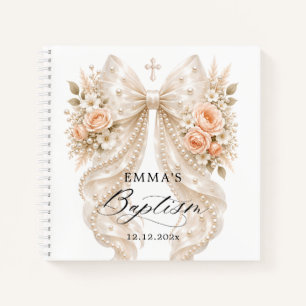 Cuaderno de bautizo con lazo de perla floral