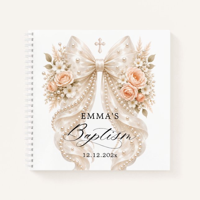 Cuaderno de bautizo con lazo de perla floral (Anverso)