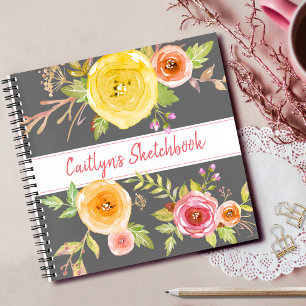 Cuaderno de bocetos de acuarela floral gris nombre