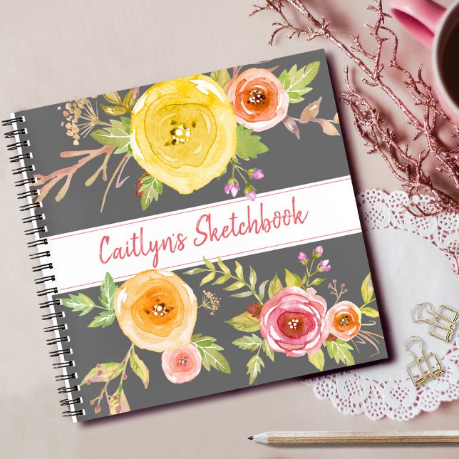 Cuaderno de bocetos de acuarela floral gris nombre (Subido por el creador)