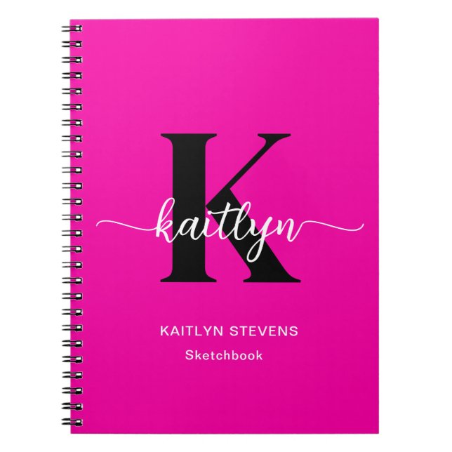 Cuaderno de bocetos de monograma negro rosa calien (Frente)