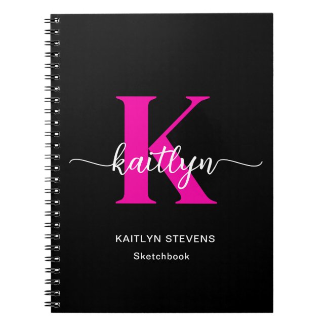Cuaderno de bocetos de monograma rosa caliente neg (Frente)