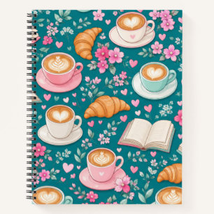 Cuaderno de Café Libros Croissants y Flores Rosas