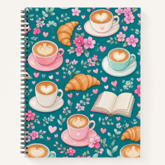 Cuaderno de Café Libros Croissants y Flores Rosas