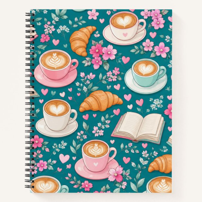 Cuaderno de Café Libros Croissants y Flores Rosas (Anverso)