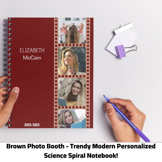 Cuaderno de ciencia personalizado con cabina de fo (Brown Photo Booth - Trendy Modern Personalized Science Spiral Notebook!)