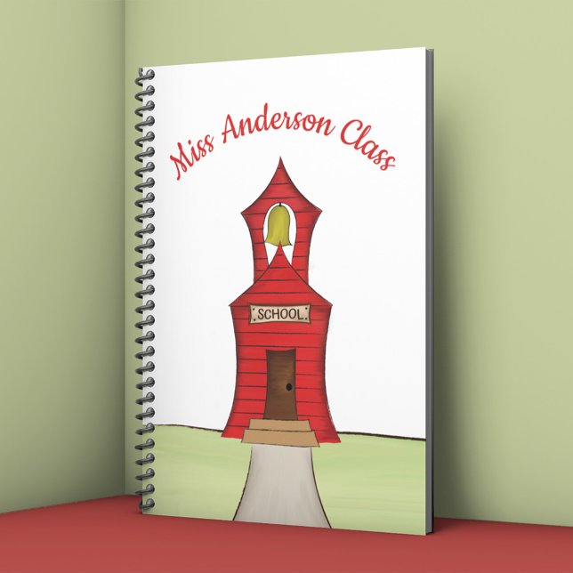 Cuaderno de Clase Personalizado para Maestros Escu (Personalized teacher notebook with red schoolhouse illustration and custom class name.)