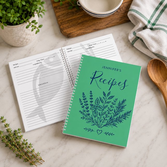 Cuaderno de cocina de familia verde Kelly moderno (Preserve your favorite family recipes in style with this personalized recipe journal. )