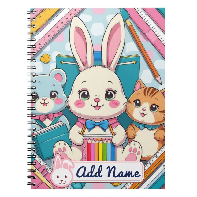 Cuaderno de conejito y gato lindo – Nombre editabl (Frente)