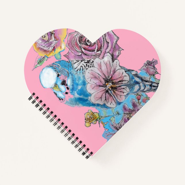 Cuaderno de corazones rosados con budgie azul a la (Anverso)