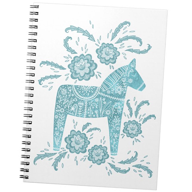 Cuaderno de dala sueco Verde azulado y blanco (Swedish Dala Horse teal green and white notebook)