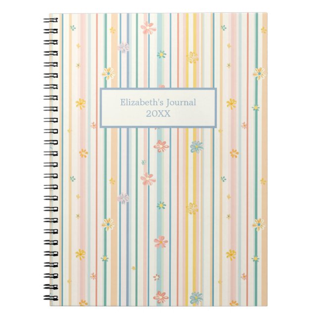 Cuaderno de diario de flores de rayas pastel (Frente)