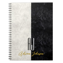 Cuaderno de diario de mármol de oro negro con mono